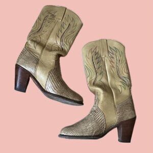 Vintage Cowboy Boots – Two-Tone Leather with Embroidered Flame Stitching